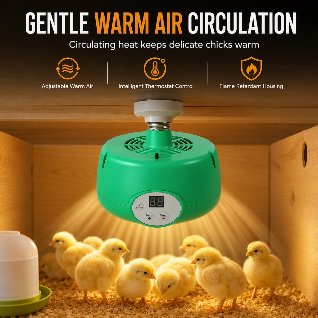🐥  🌡️ Intelligent Temperature Control Brooder Heater – Even Warm Air, Easy Install, Safe Housing